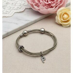PANDORA 925 ALE Letter P Charm Multi Strand Bracelet Pink CZ Heart Taupe